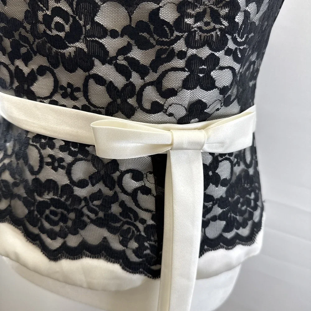Alfred Angelo‎ Satin Corset Size 12 Black Ivory Lace Bow Feminine Sleeveless Zip